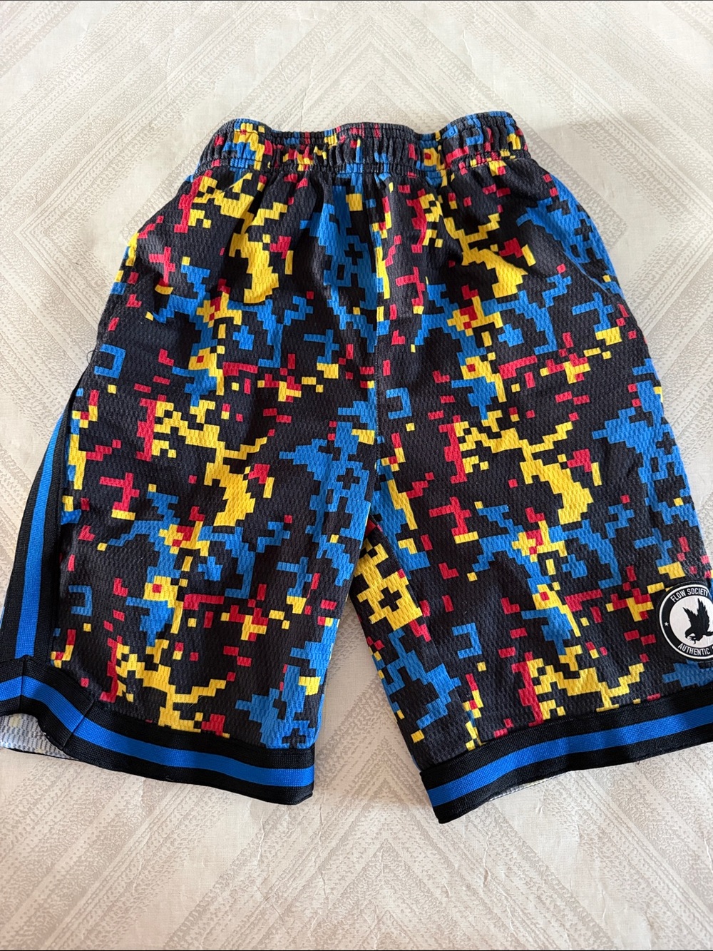 Flow Society Boys Medium Athletic Shorts Pixel Print Yellow Black Red Blue